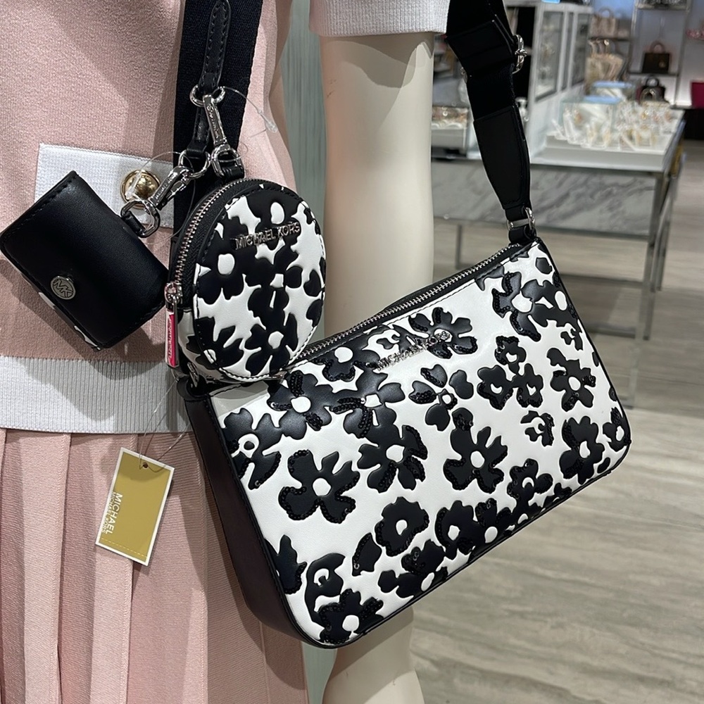 MICHAEL KORS Jet Set Sm Sequined Floral Print Crossbody w Case for Apple Airpods - Picture 7 of 16